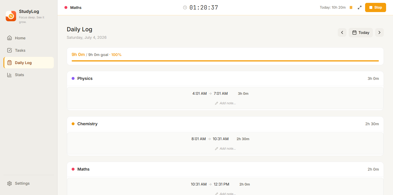 StudyLog Daily Log Screenshot