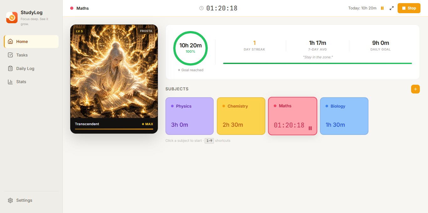 StudyLog Home Dashboard Screenshot