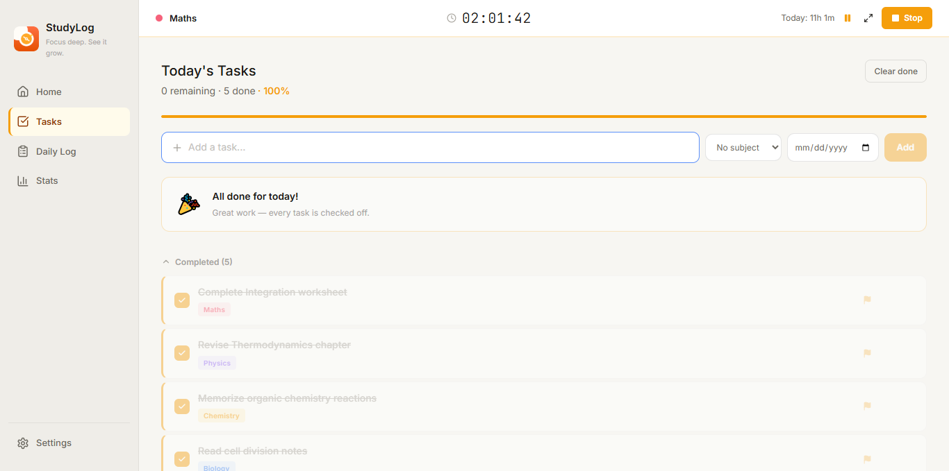 StudyLog Tasks Screenshot